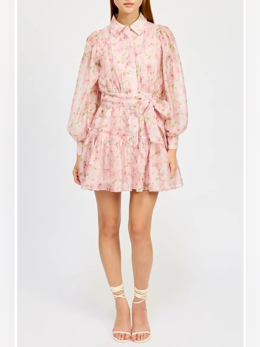 En Saison Pink Floral Tie-Waist Chiffon Dress